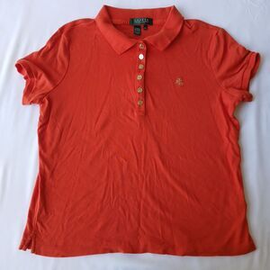 Ralph Lauren Petite L Orange Polo Shirt Top Gold Buttons Embroidered Money